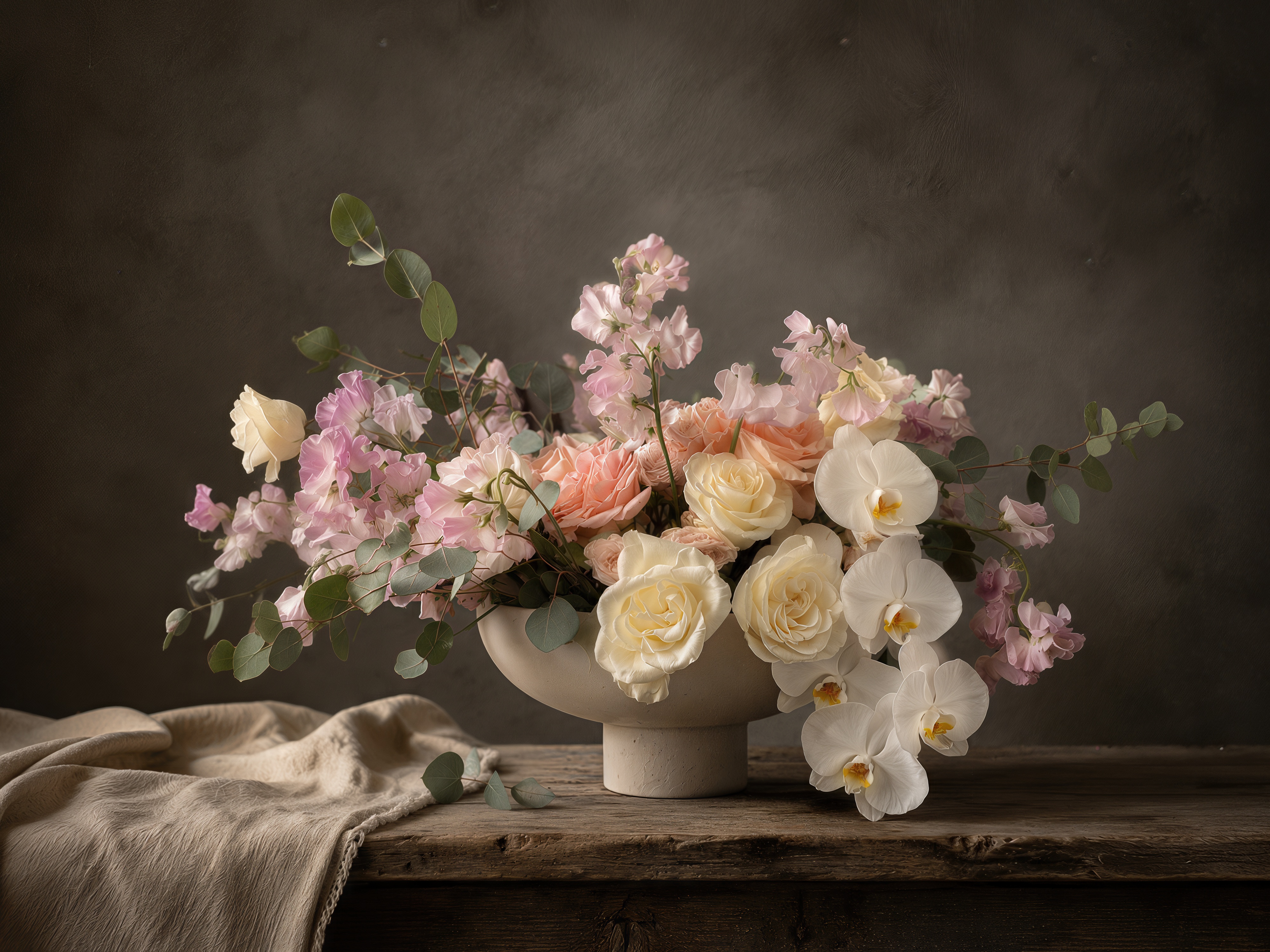 Large seasonal floral arrangement in a stone vessel on a table